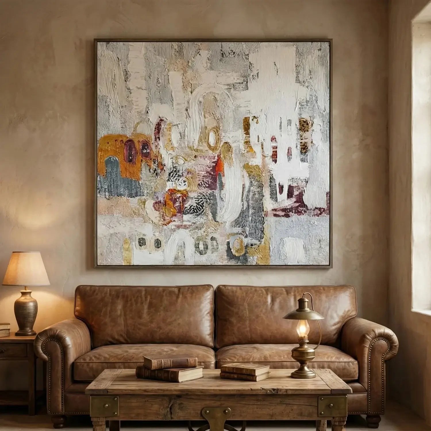 Living room with a brown leather sofa, wooden coffee table, and abstract painting on the wall.