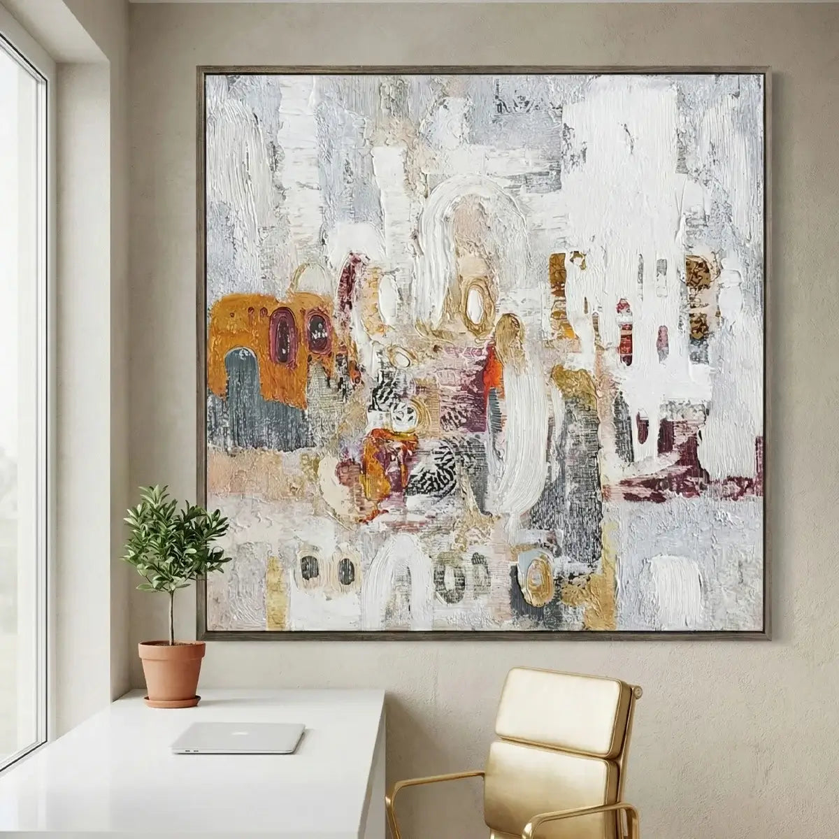 Abstract painting in a modern office setting with a desk and chair.