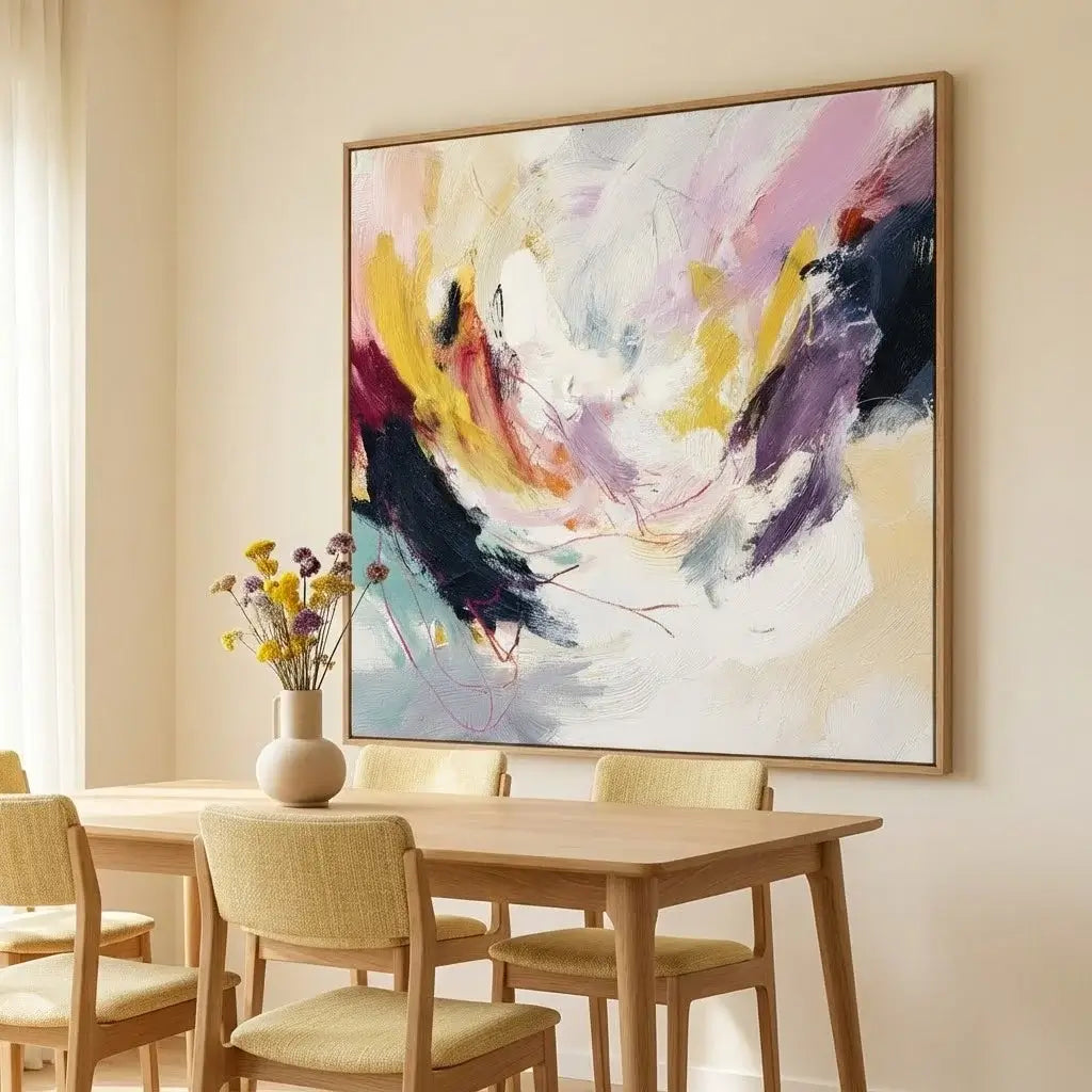 Dining room with a wooden table and chairs, and a colorful abstract painting on the wall.