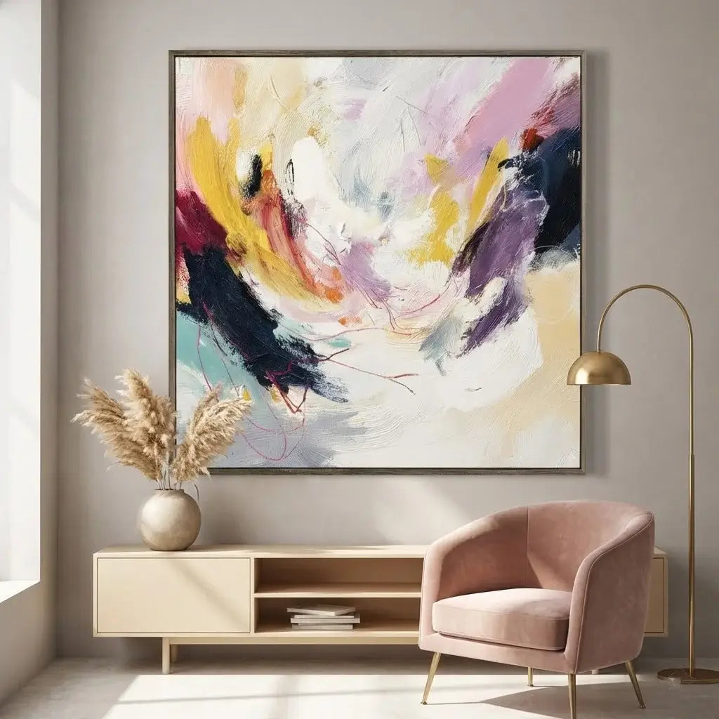 Modern interior with abstract painting, pink chair, and decorative lamp.