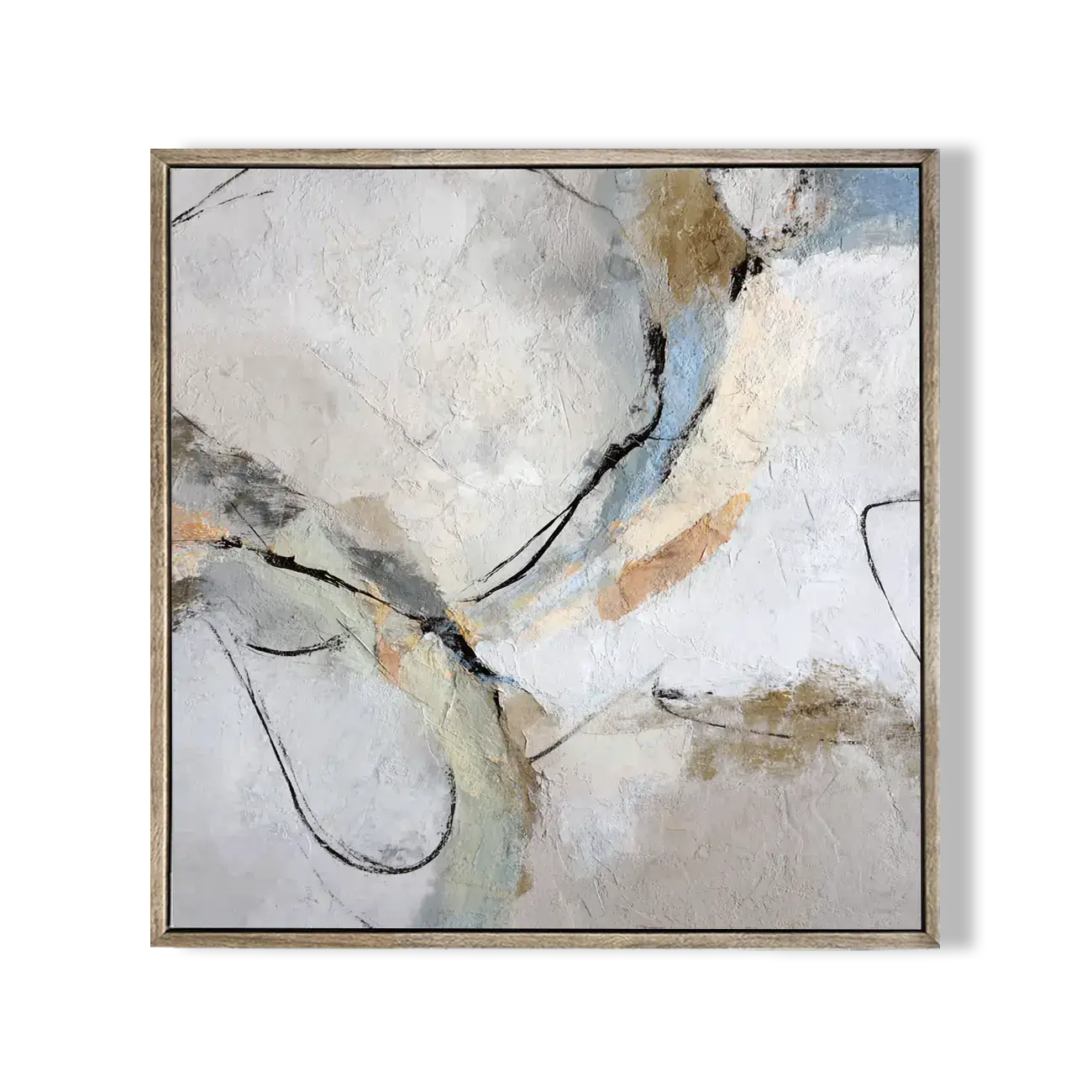 Abstract painting on a wall above a sofa in a modern living room