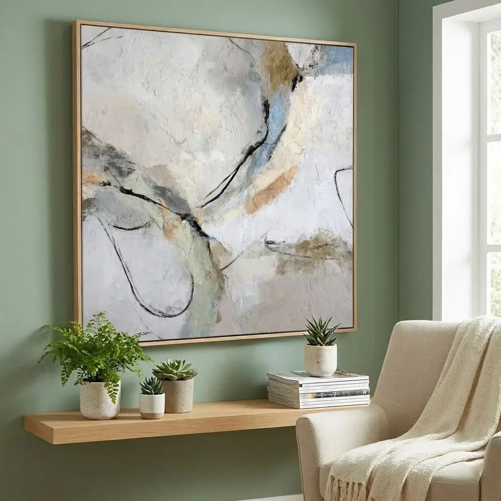 Living room with abstract art, plants, and a chair.