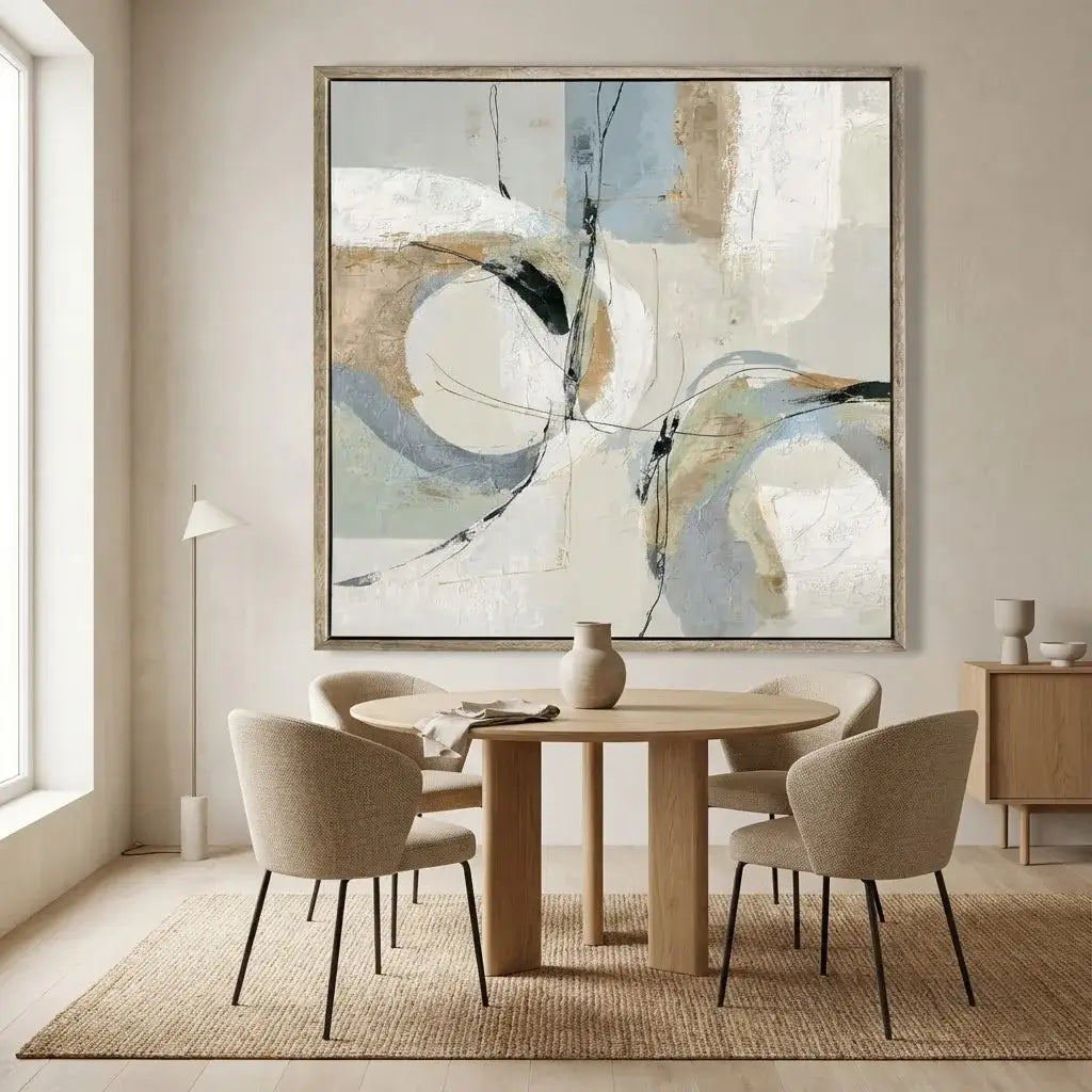 Dining room with a round table and chairs, abstract painting on the wall, and a vase on a side table.
