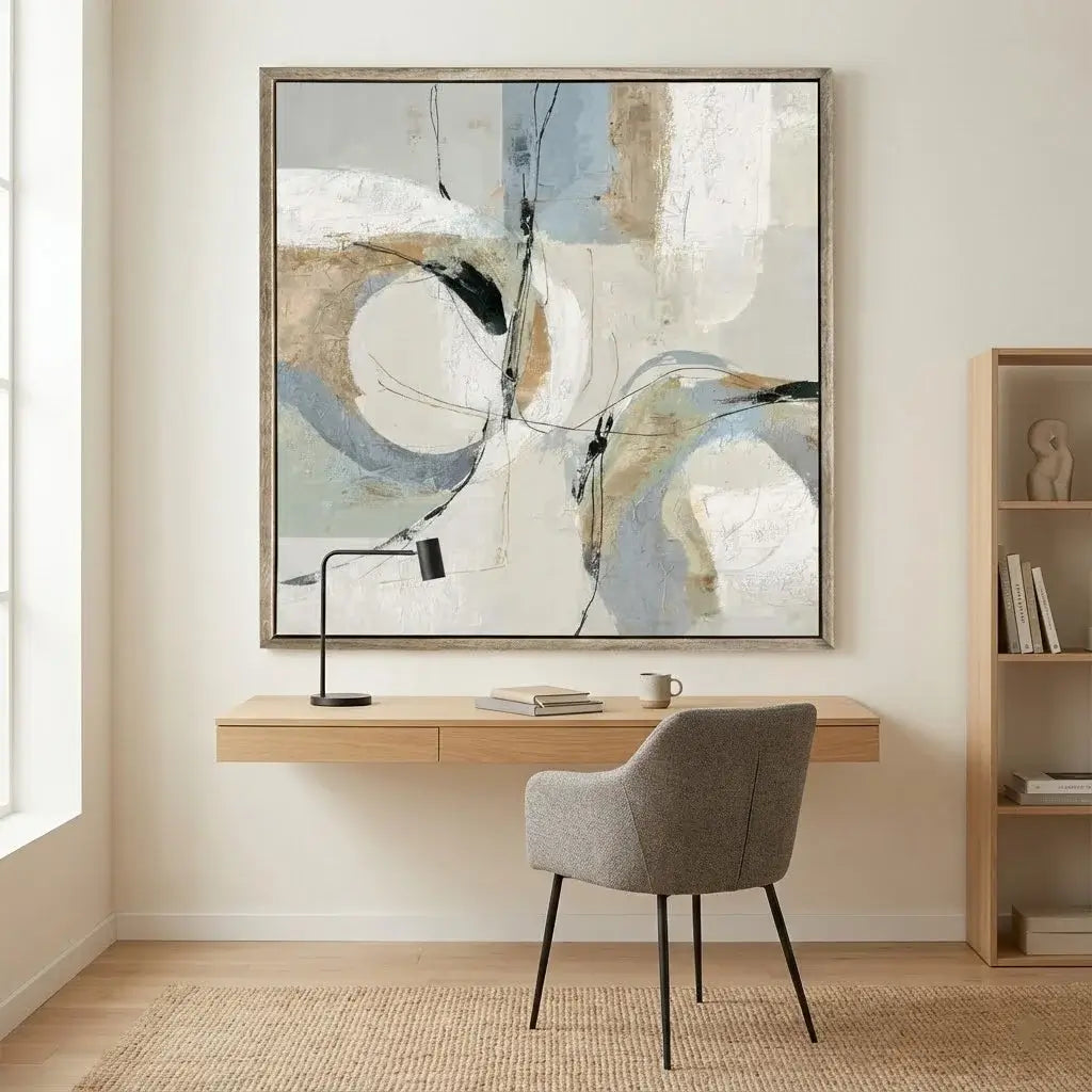 Modern home office with abstract art, desk, and chair.