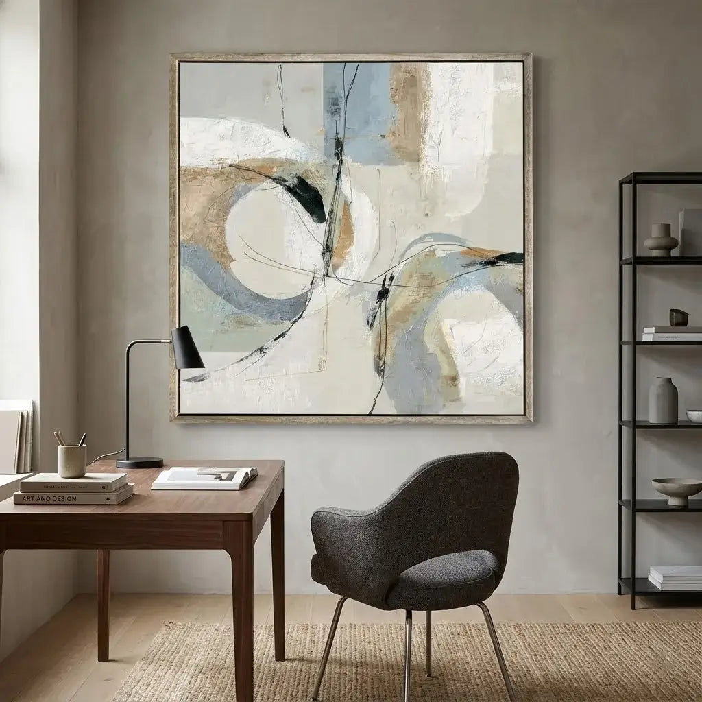 Modern home office with abstract art, desk, and chair.