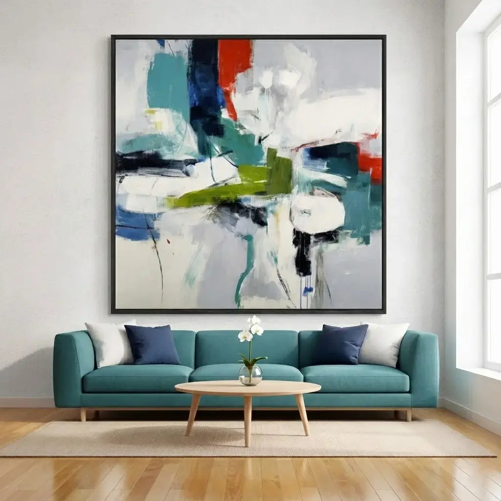 Modern living room with a teal sofa, abstract painting, and small table.