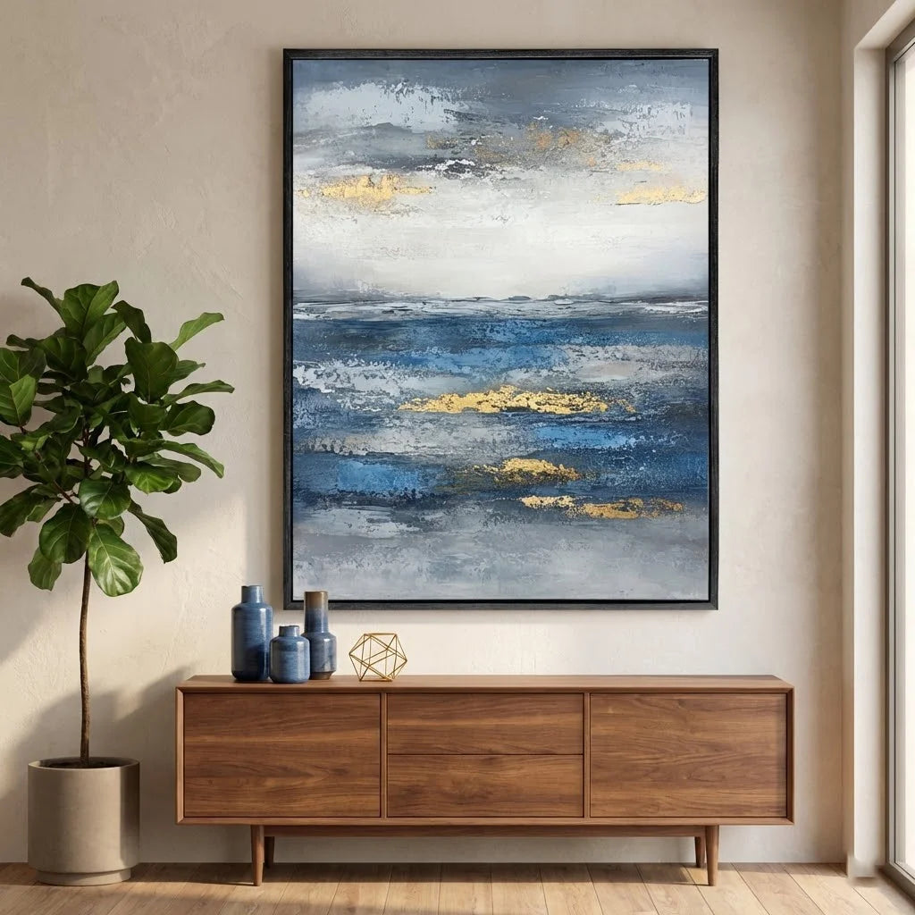 Modern living room with a wooden console table, decorative vases, and a large abstract painting.