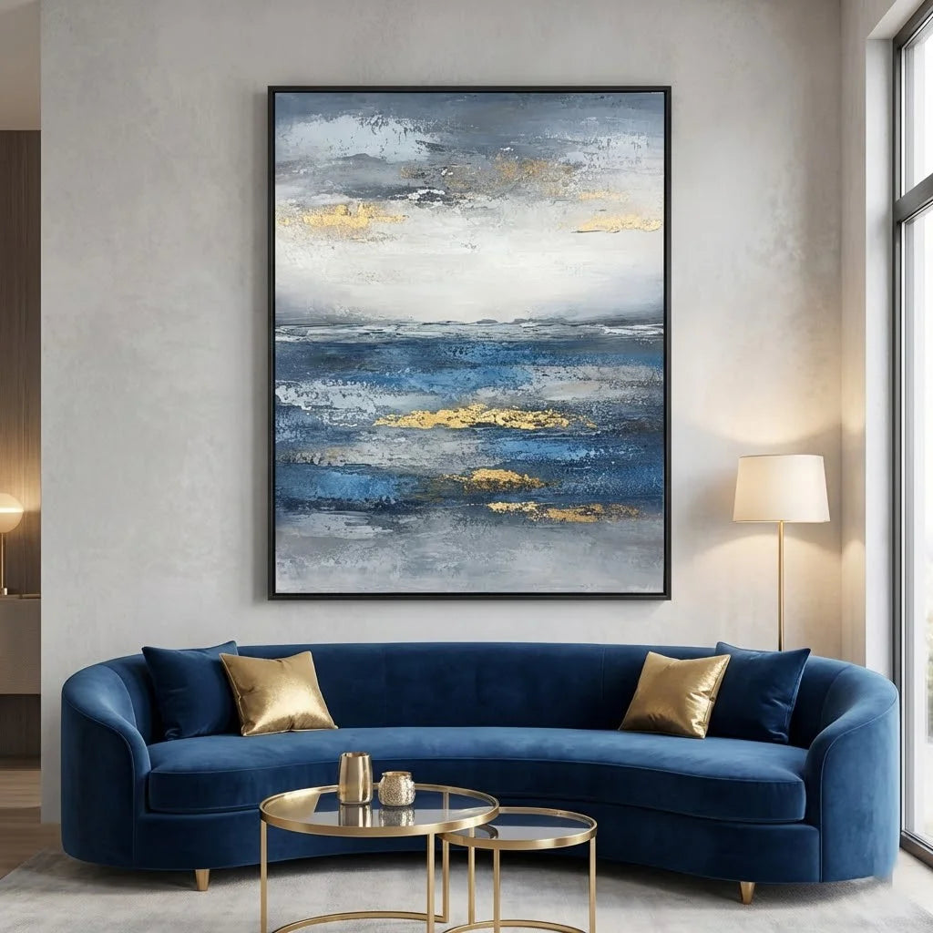 Modern living room with a blue sofa, gold coffee table, and abstract painting on the wall.