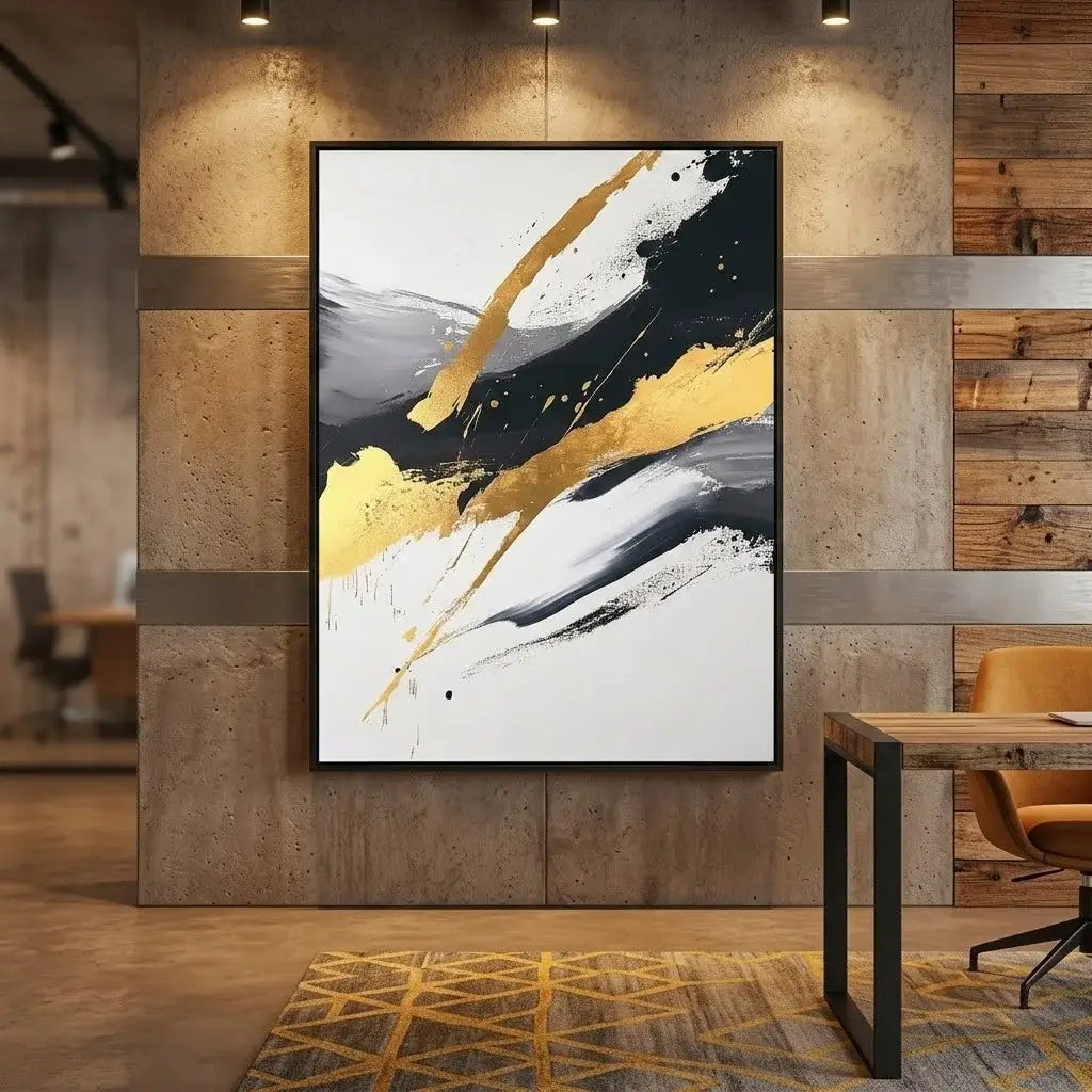Modern living room with a gray sofa, abstract painting, and gold planters.