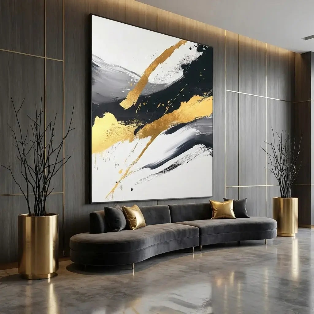 Modern living room with a gray sofa, abstract painting, and gold planters.