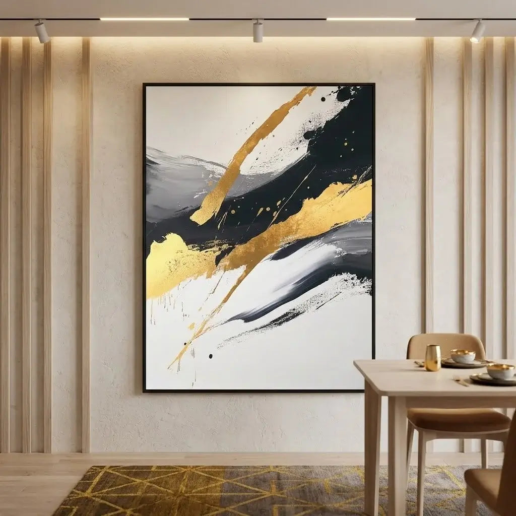 Modern interior with abstract art on the wall, a console table, and a chair.