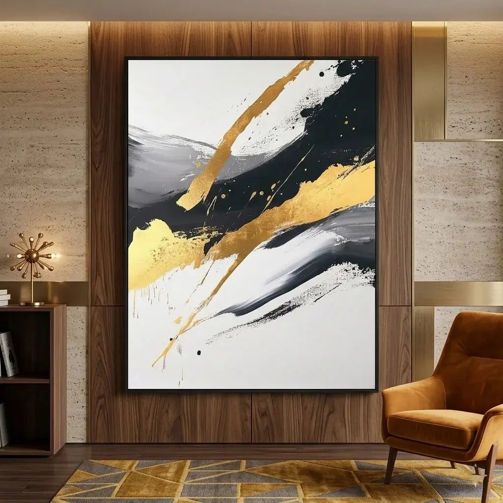 Modern office setup with a wooden desk, black chair, and abstract art on the wall.