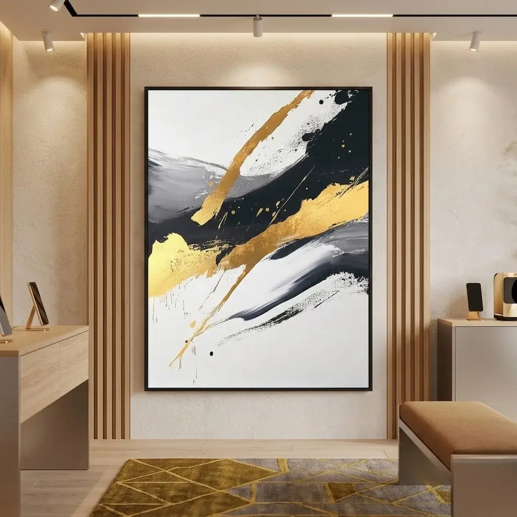 Abstract painting with gold and black splashes in a modern living room.