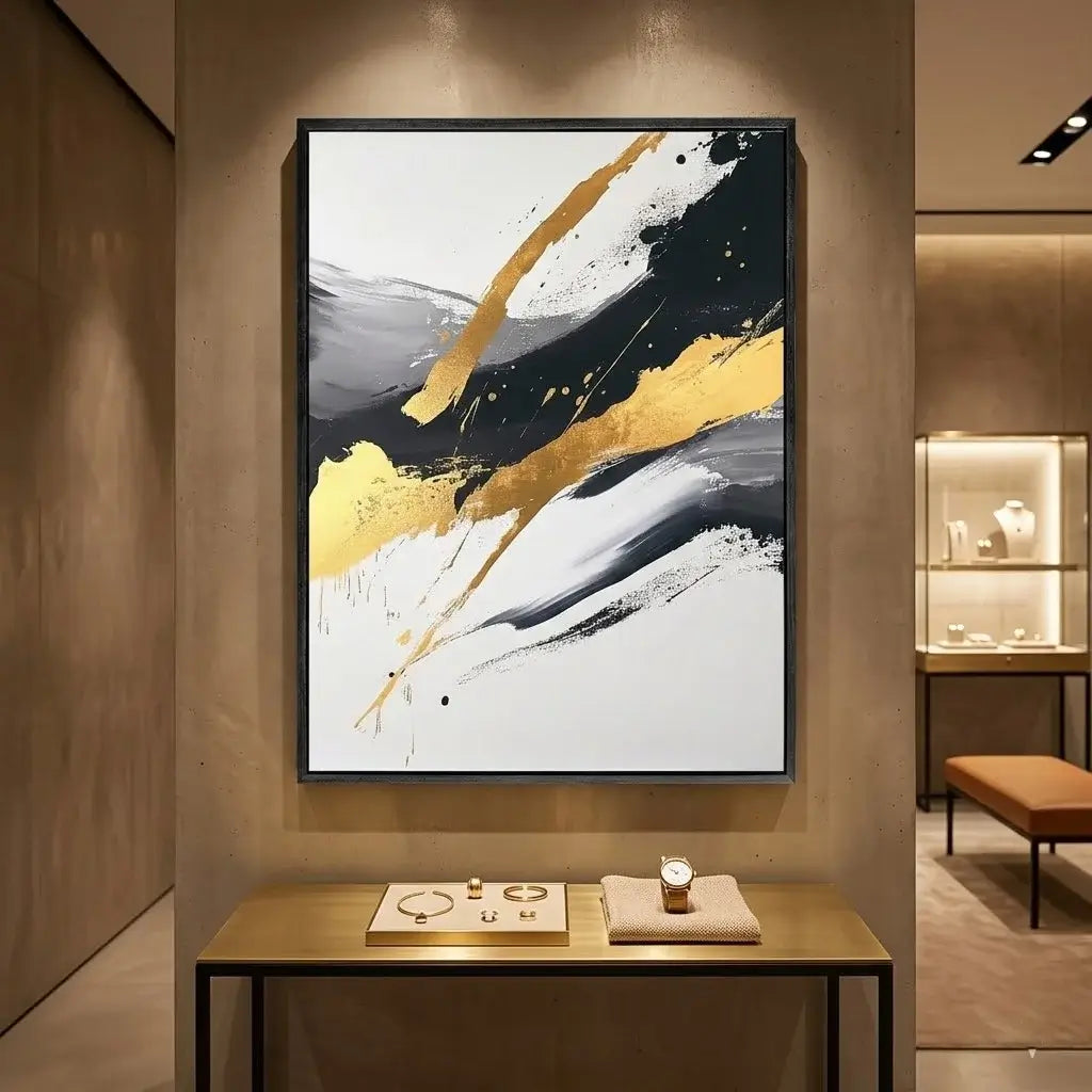 Modern dining room with a marble table and black chairs, abstract art on the wall.