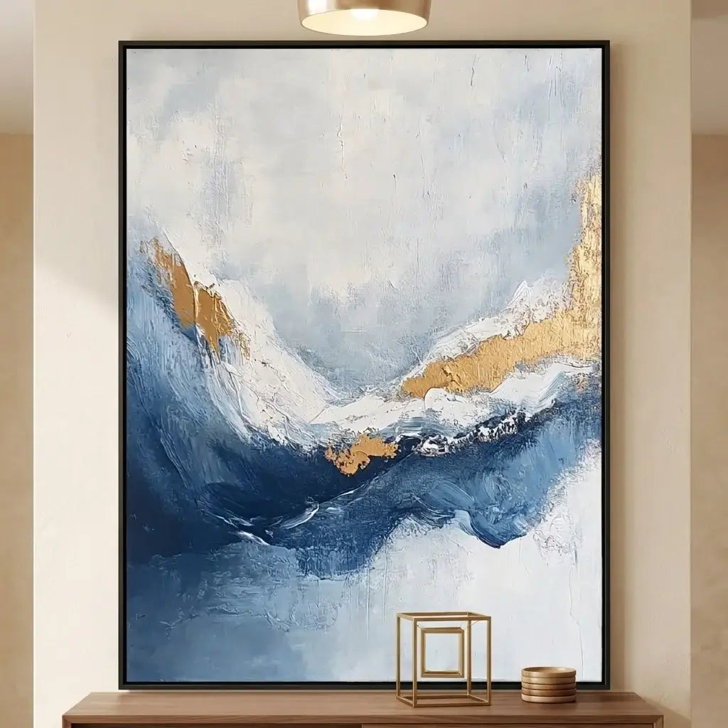 Modern office setup with a large abstract painting on the wall, wooden desk, and chair.