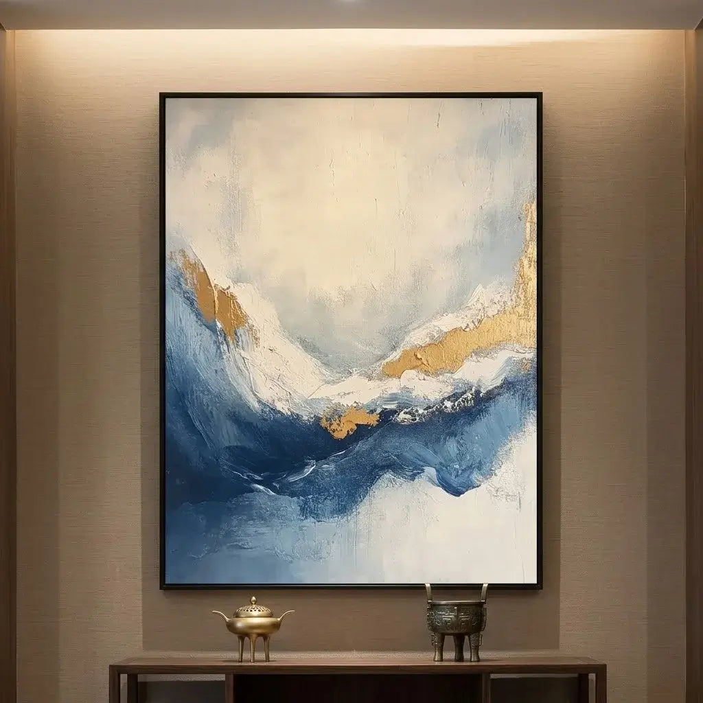 Abstract art piece with blue and gold tones on a wall above a bed.