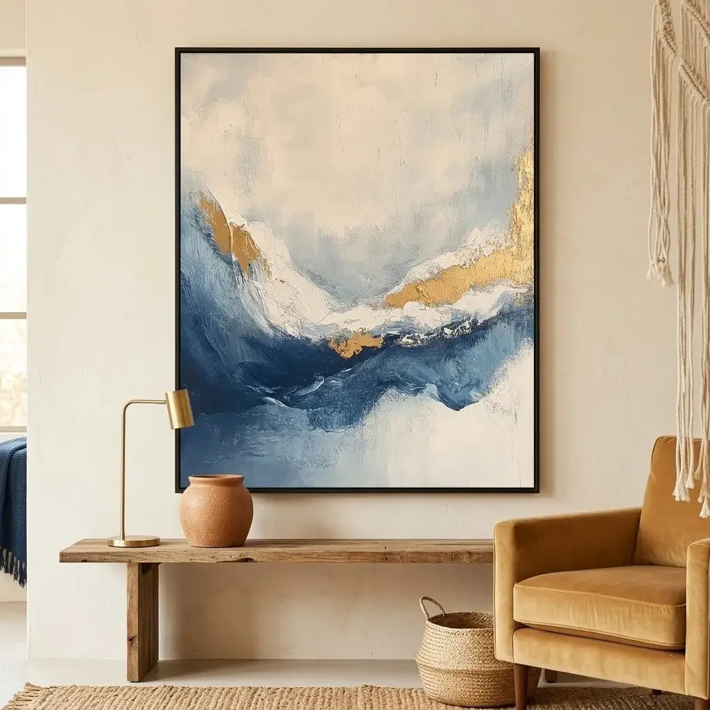 Abstract painting in a modern dining room with a table and chairs.