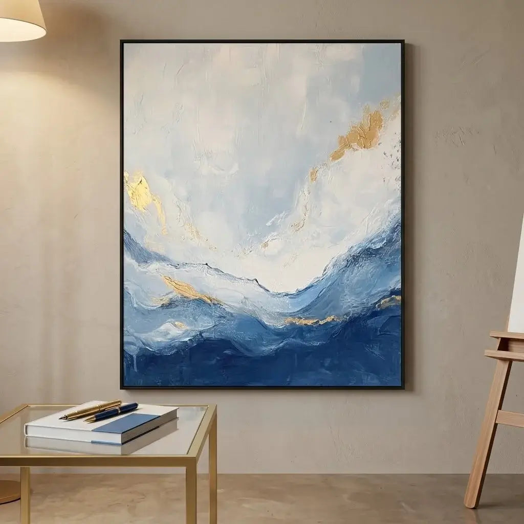 Abstract painting with blue and gold tones in a modern interior setting.