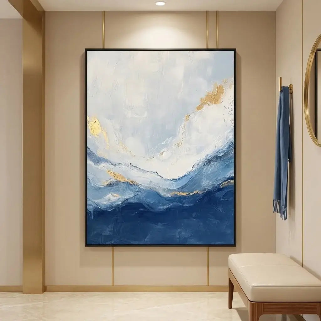 Abstract painting in a modern bedroom with a bed and nightstands.