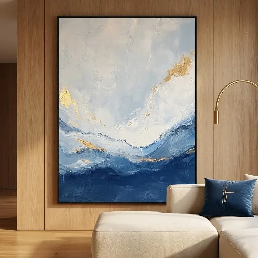 Wooden entertainment console with turntable, speakers, and vinyl records, featuring a large abstract painting above.