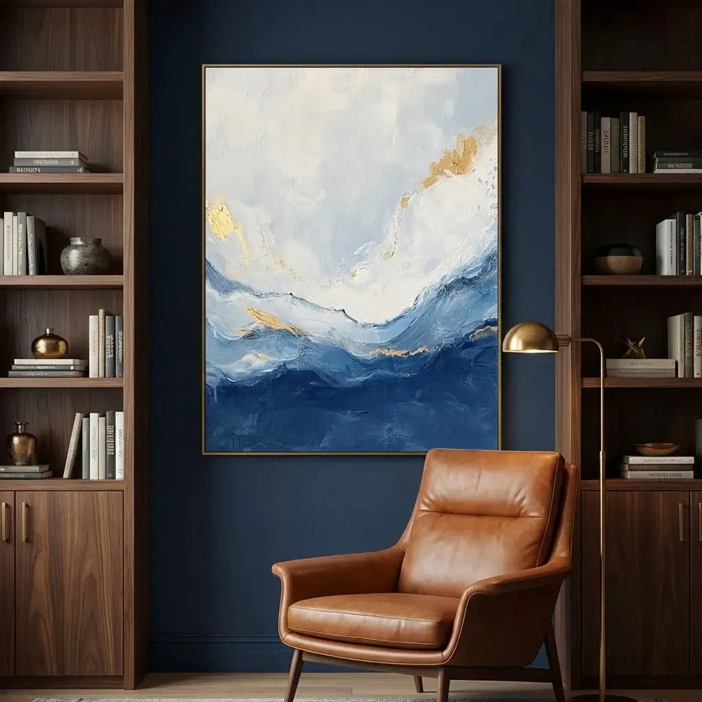 Abstract painting on a wall above a brown leather chair in a room with wooden shelves.