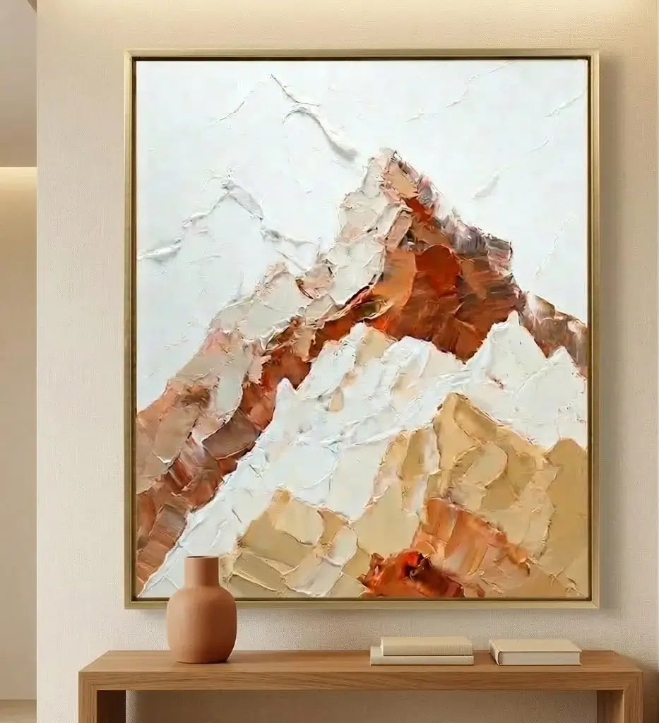 Abstract art piece in a modern interior setting with a wooden shelf and decor items.