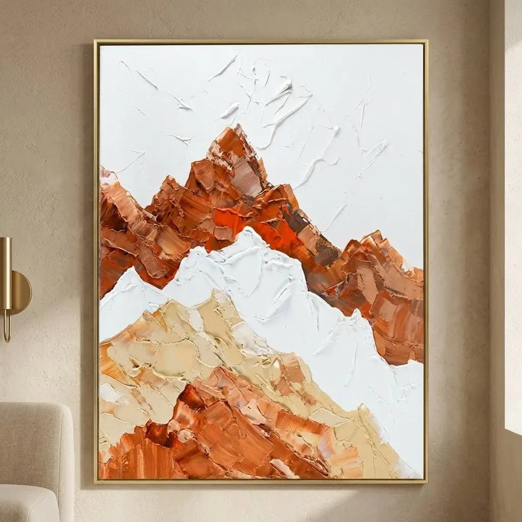 Abstract mountain painting in a modern living room setting
