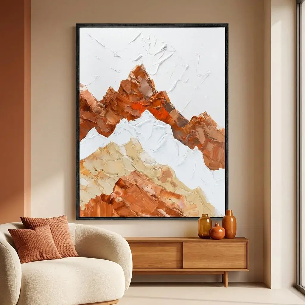 Abstract mountain painting in a modern living room setting