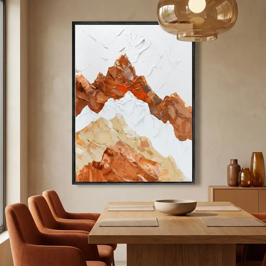 Abstract mountain painting in a modern dining room with wooden table and chairs.