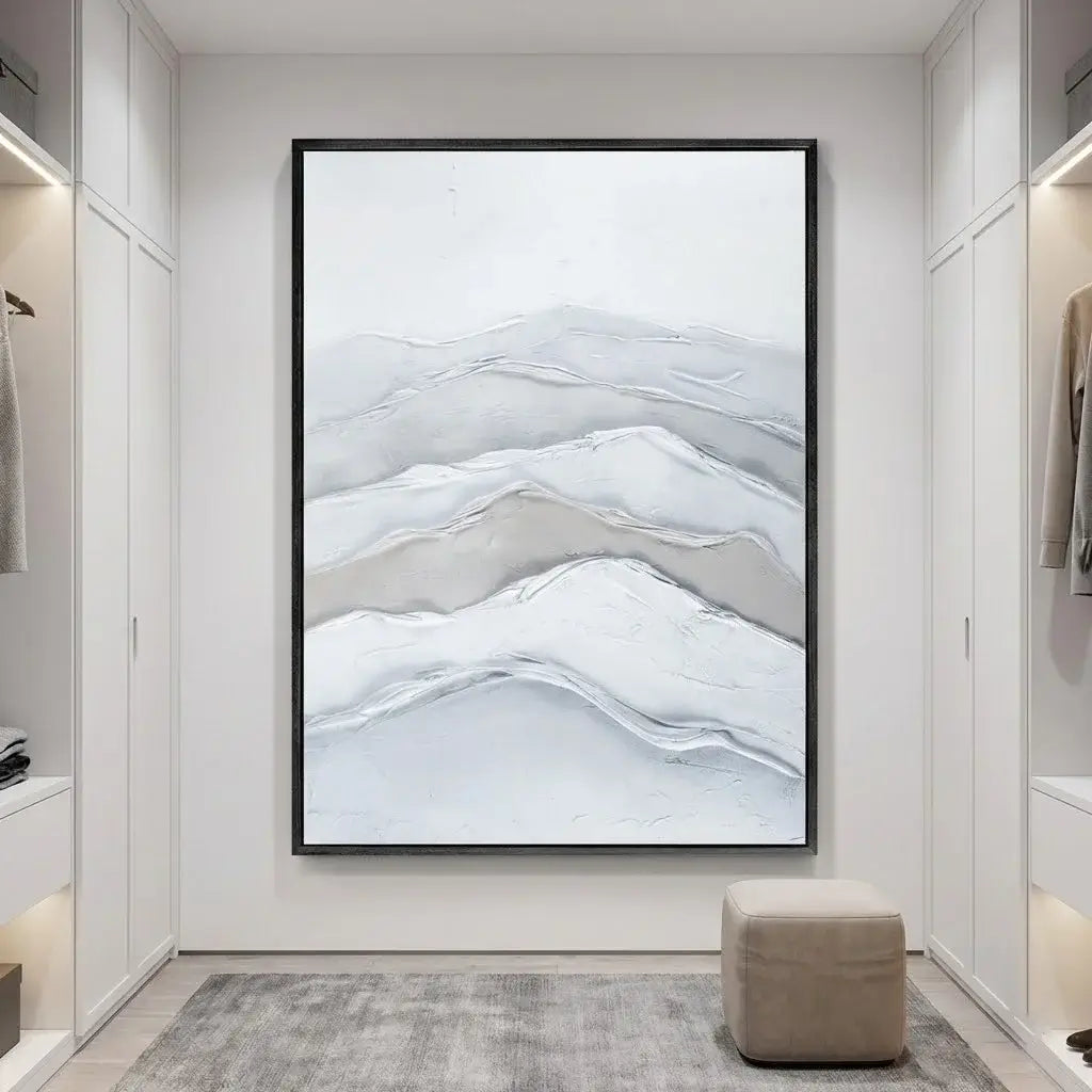 Abstract mountain landscape painting in a modern hallway