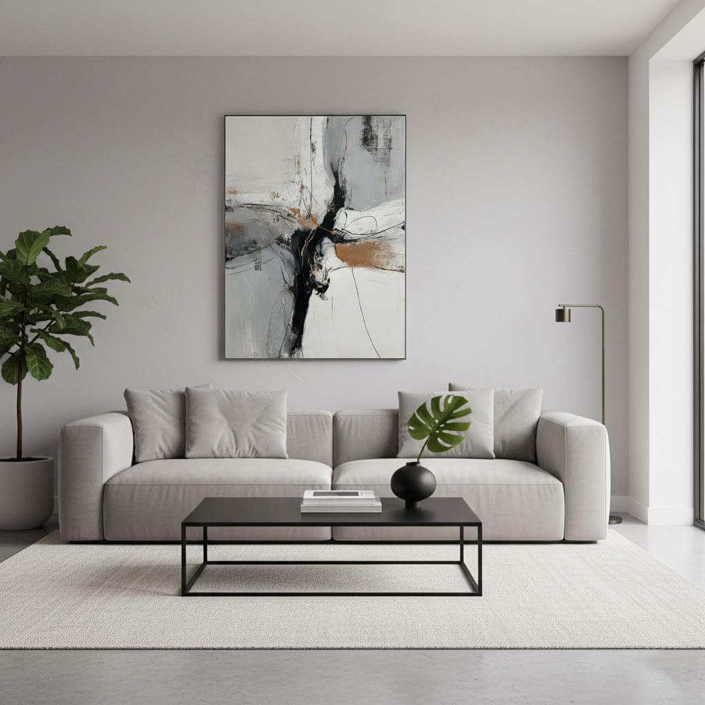Modern living room with a gray sofa, abstract art, and a coffee table.