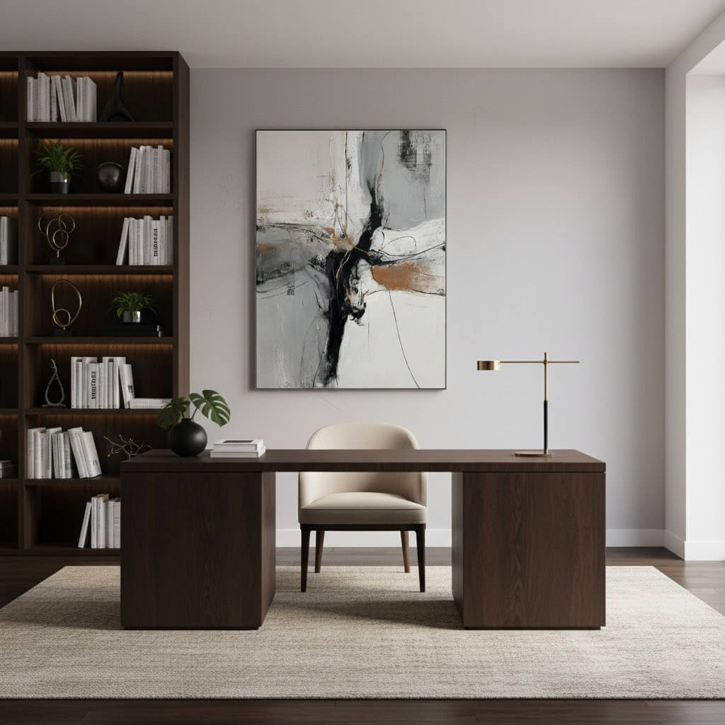 Modern home office with a wooden desk, bookshelf, and abstract painting.