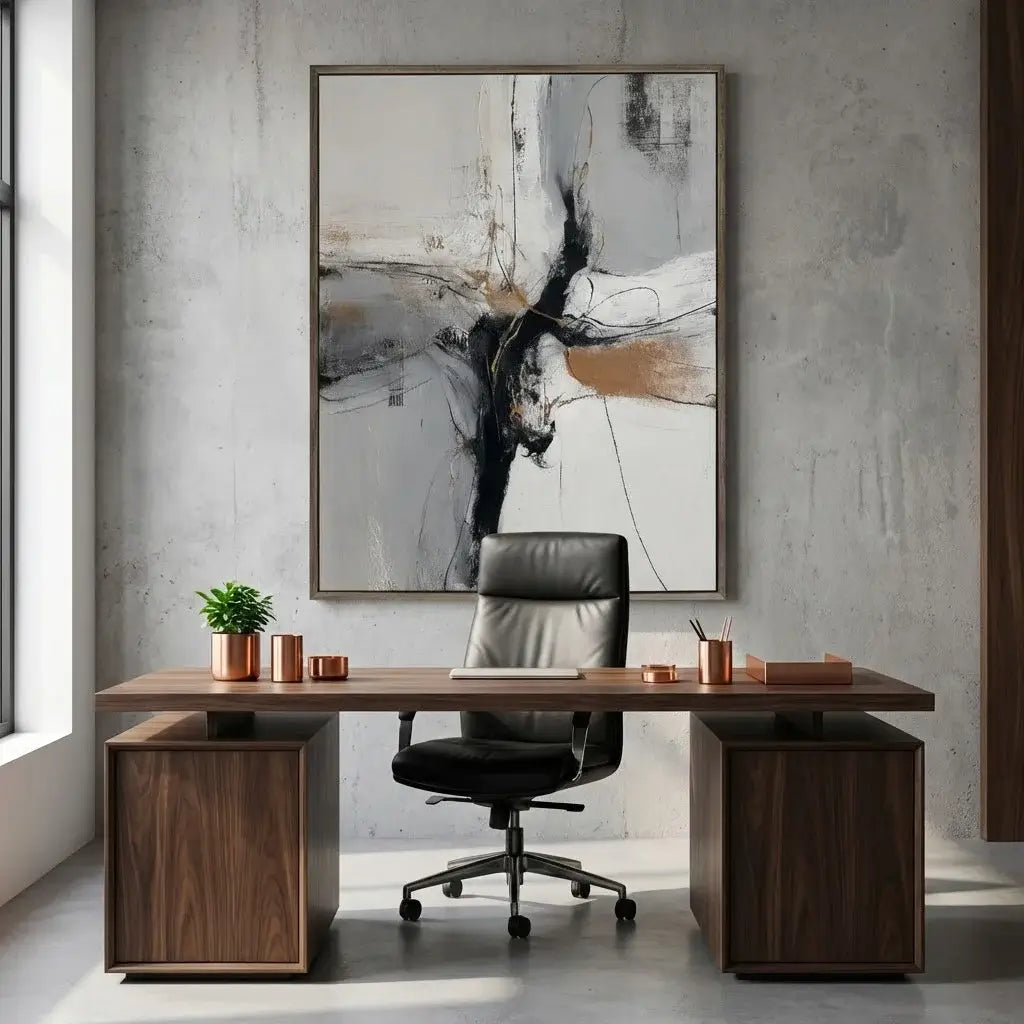 Modern office setup with a wooden desk, black chair, and abstract art on the wall.