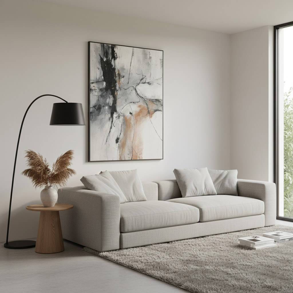 Modern living room with a gray sofa, abstract art, and decorative elements.