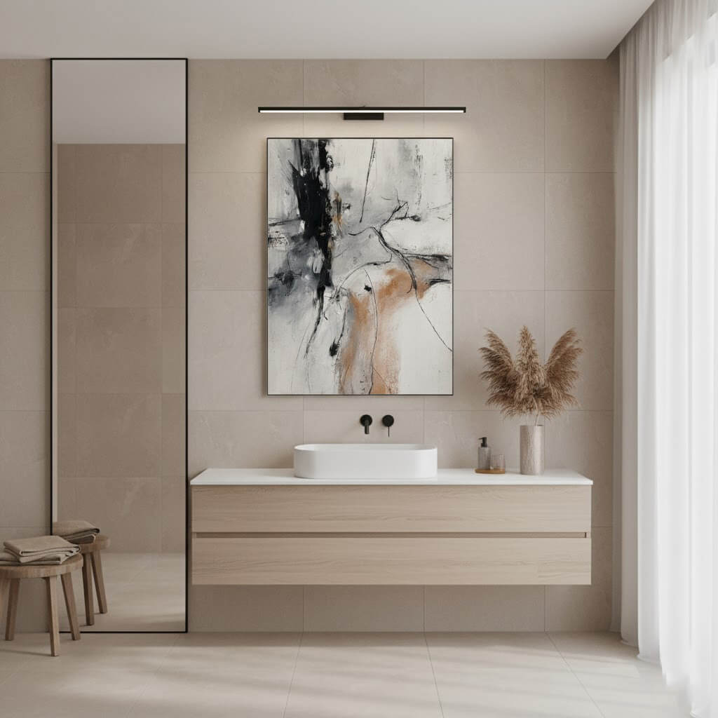 Modern bathroom with a sink vanity, abstract art, and decorative elements.