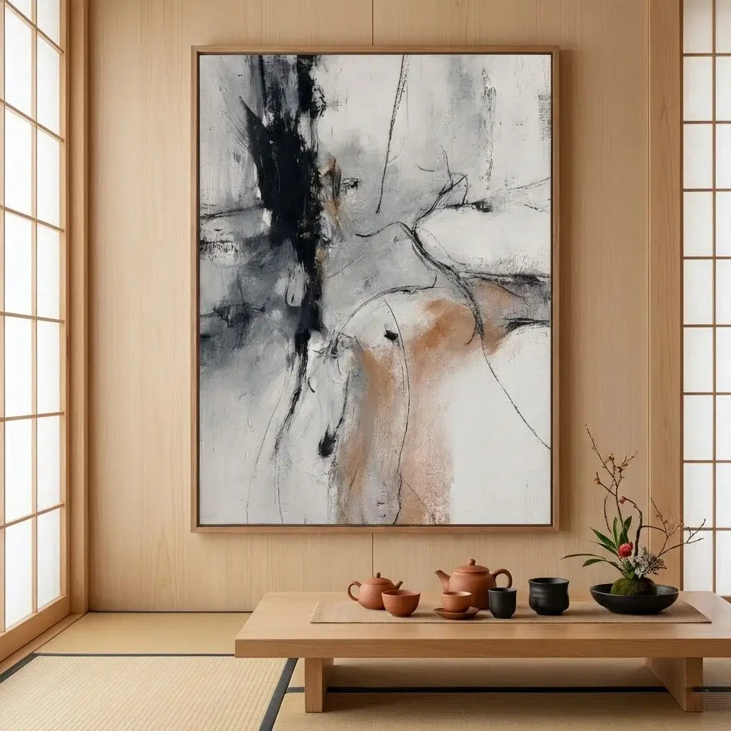 Abstract painting in a room with wooden floor and sliding doors