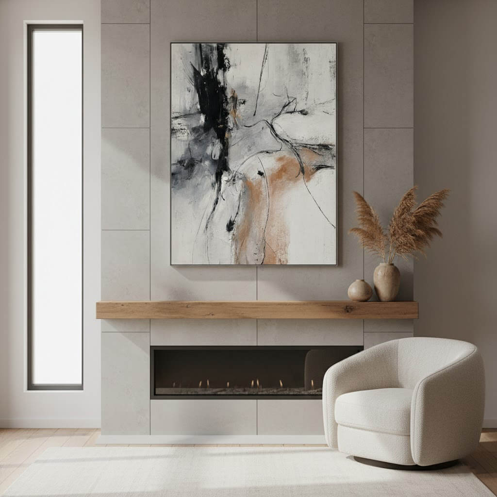 Modern living room with abstract painting, fireplace, and armchair.