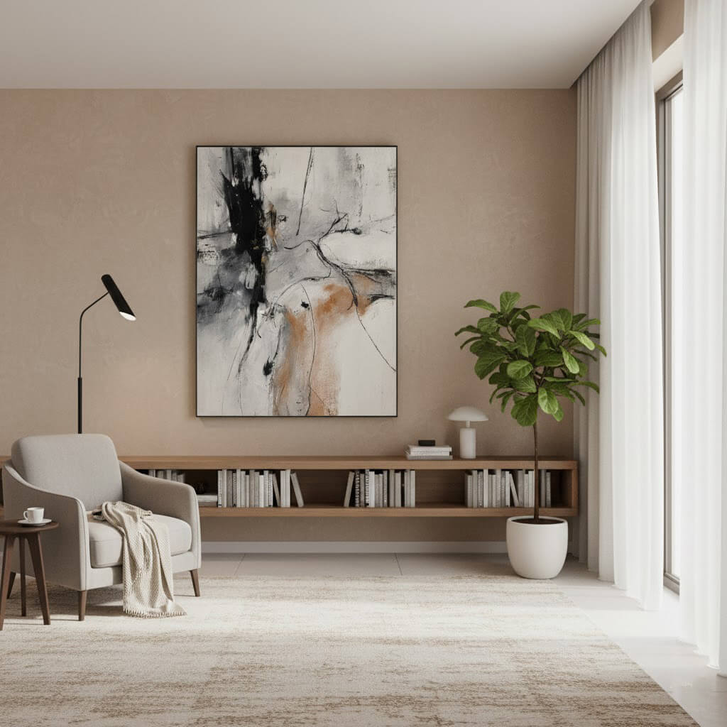 Modern living room with abstract art, bookshelf, and armchair.