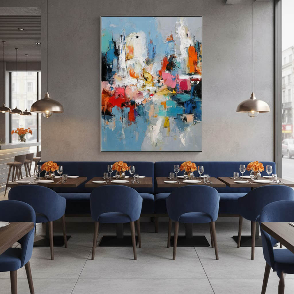 Modern restaurant interior with abstract art on the wall