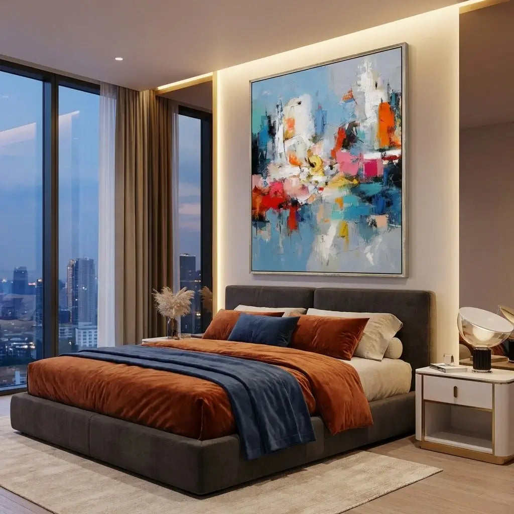 Modern bedroom with a large bed, colorful abstract painting on the wall, and cityscape view.