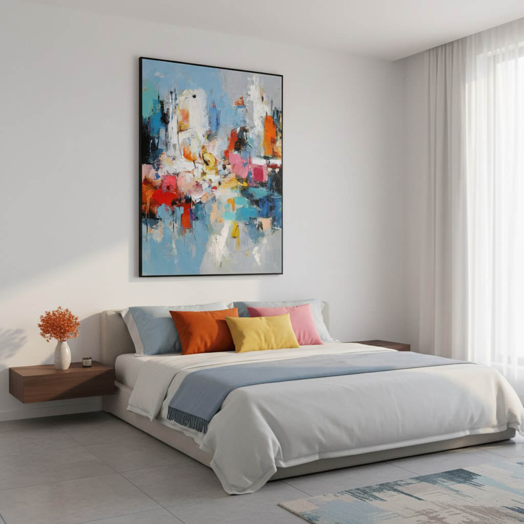 Modern bedroom with a colorful abstract painting above a bed.