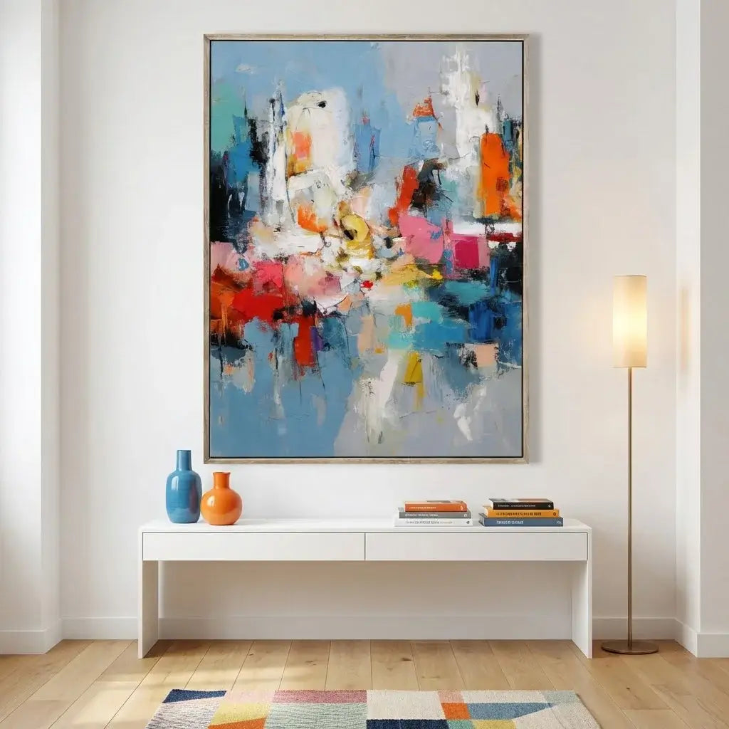 Colorful abstract painting on a wall above a white console table with decorative items.