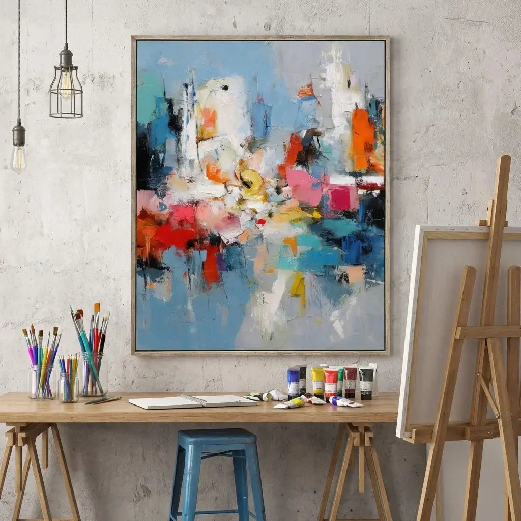 Colorful abstract painting on a wall above a wooden table with art supplies.