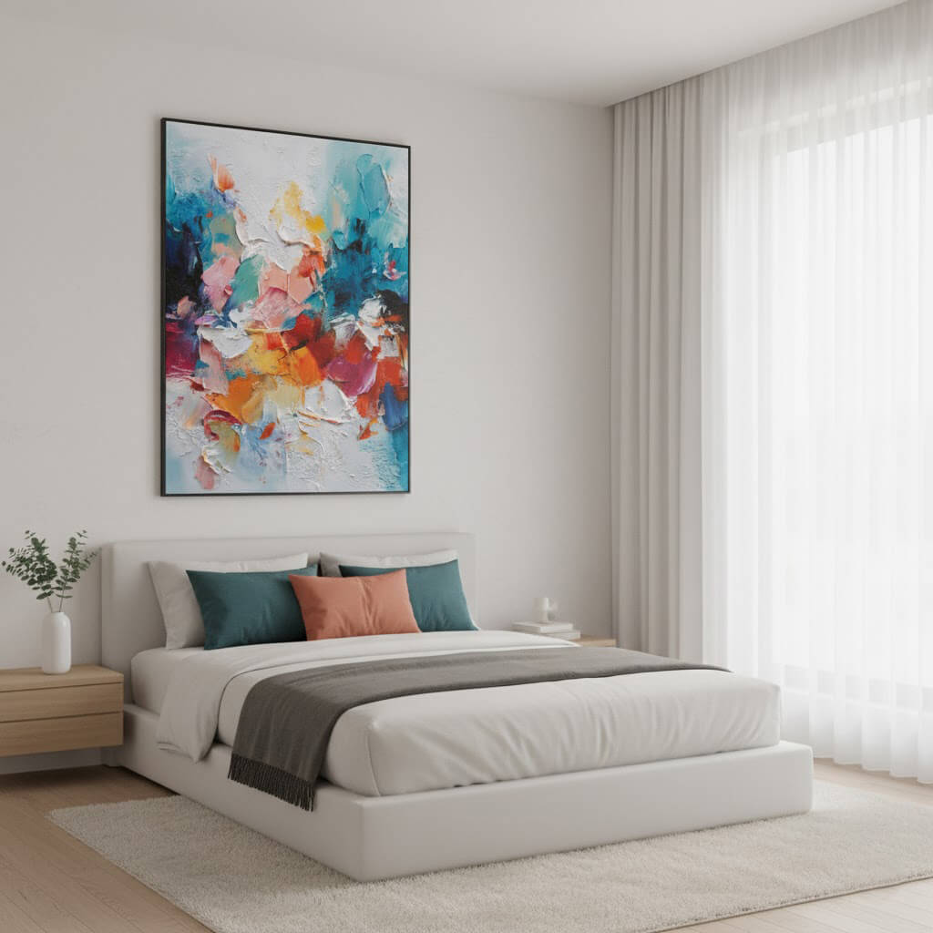 Modern bedroom with a bed, colorful abstract painting, and side table.