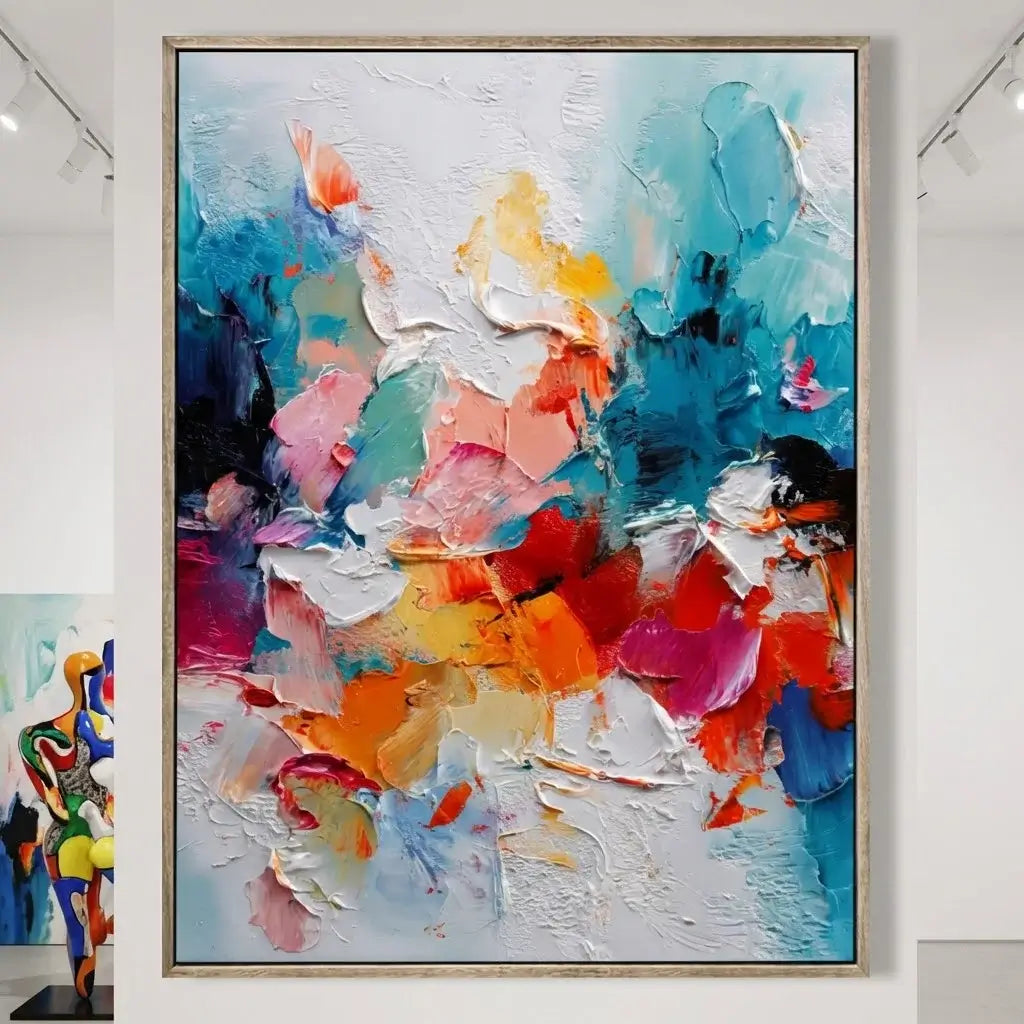 Abstract painting with vibrant colors in a gallery setting
