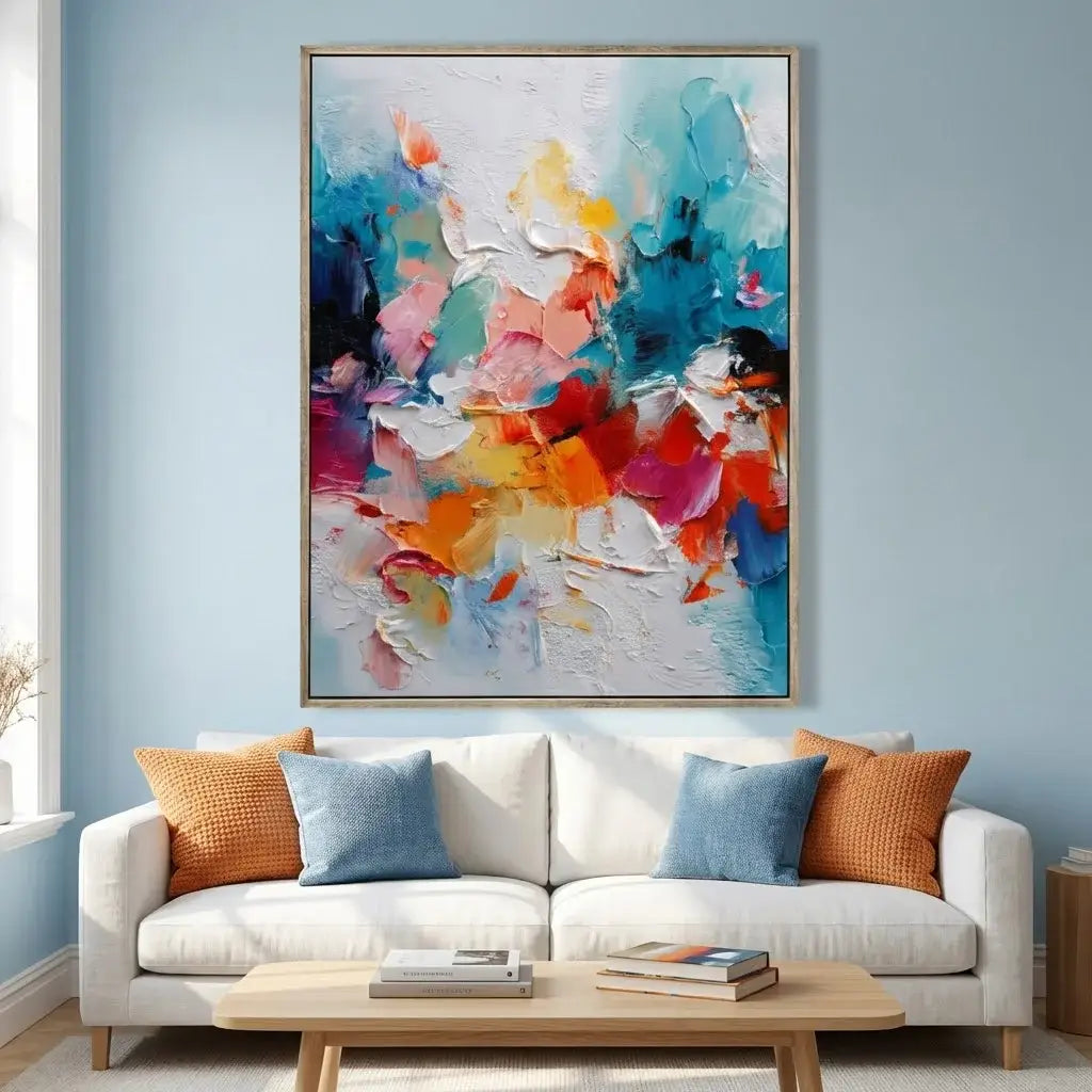 Colorful abstract painting above a white sofa with orange and blue cushions in a living room.