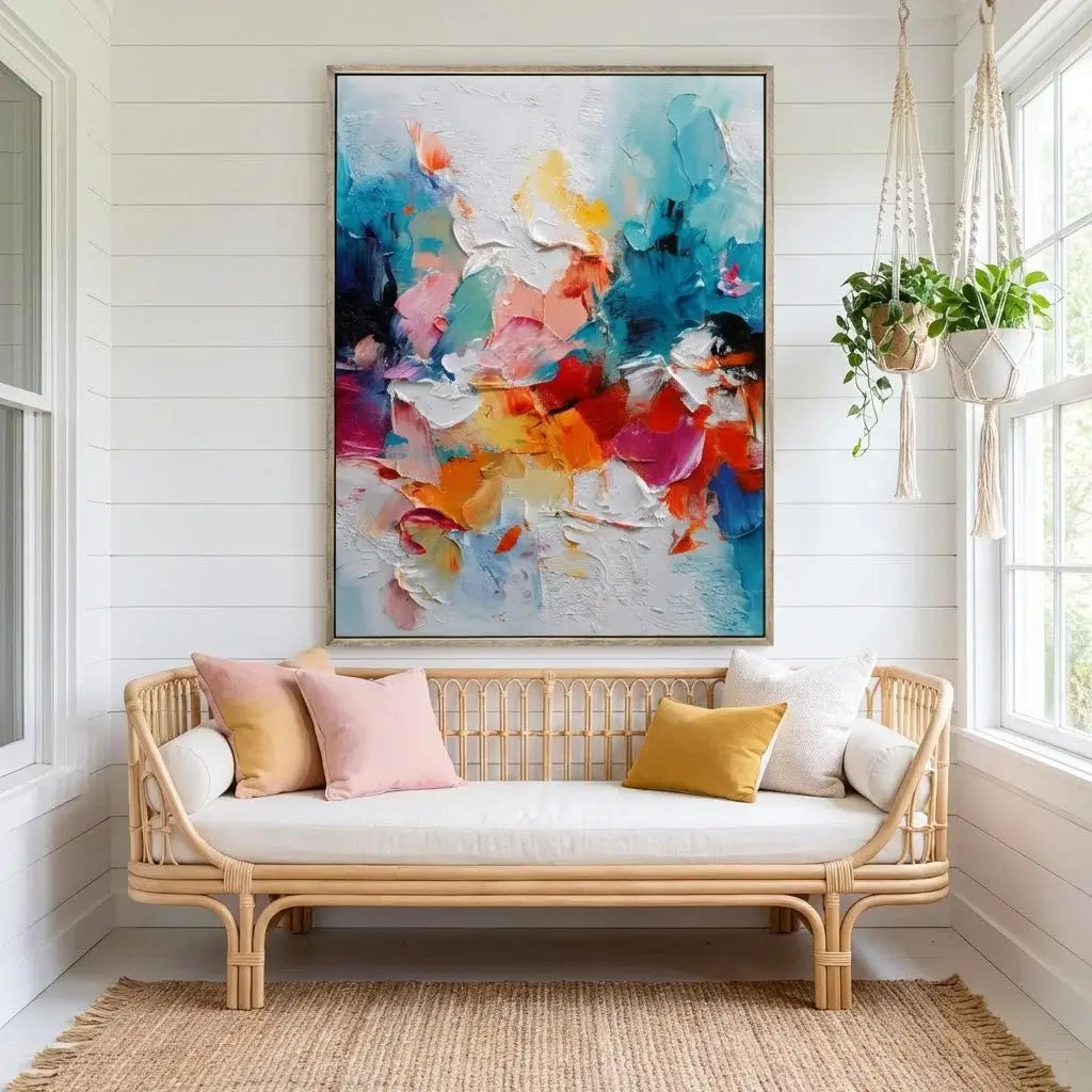 Rattan sofa with colorful cushions in a room with a large abstract painting on the wall.