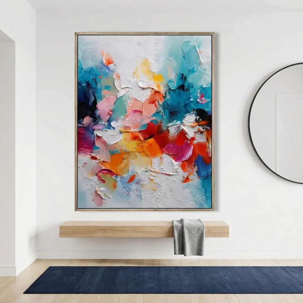 Colorful abstract painting on a wall above a wooden bench with a round mirror to the right.