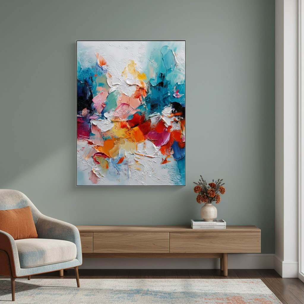 Abstract painting on a wall above a wooden console table in a living room.