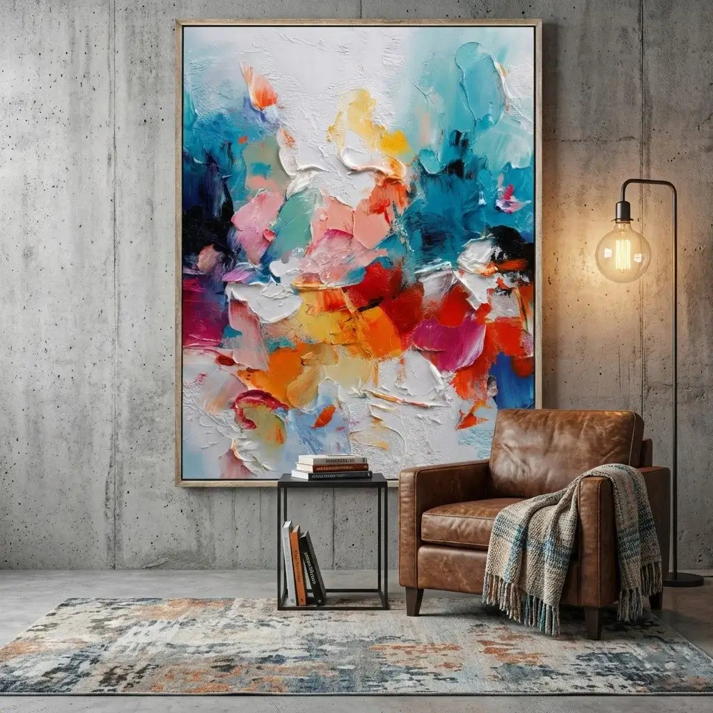 Modern living room with a brown leather armchair, abstract painting, and floor lamp.